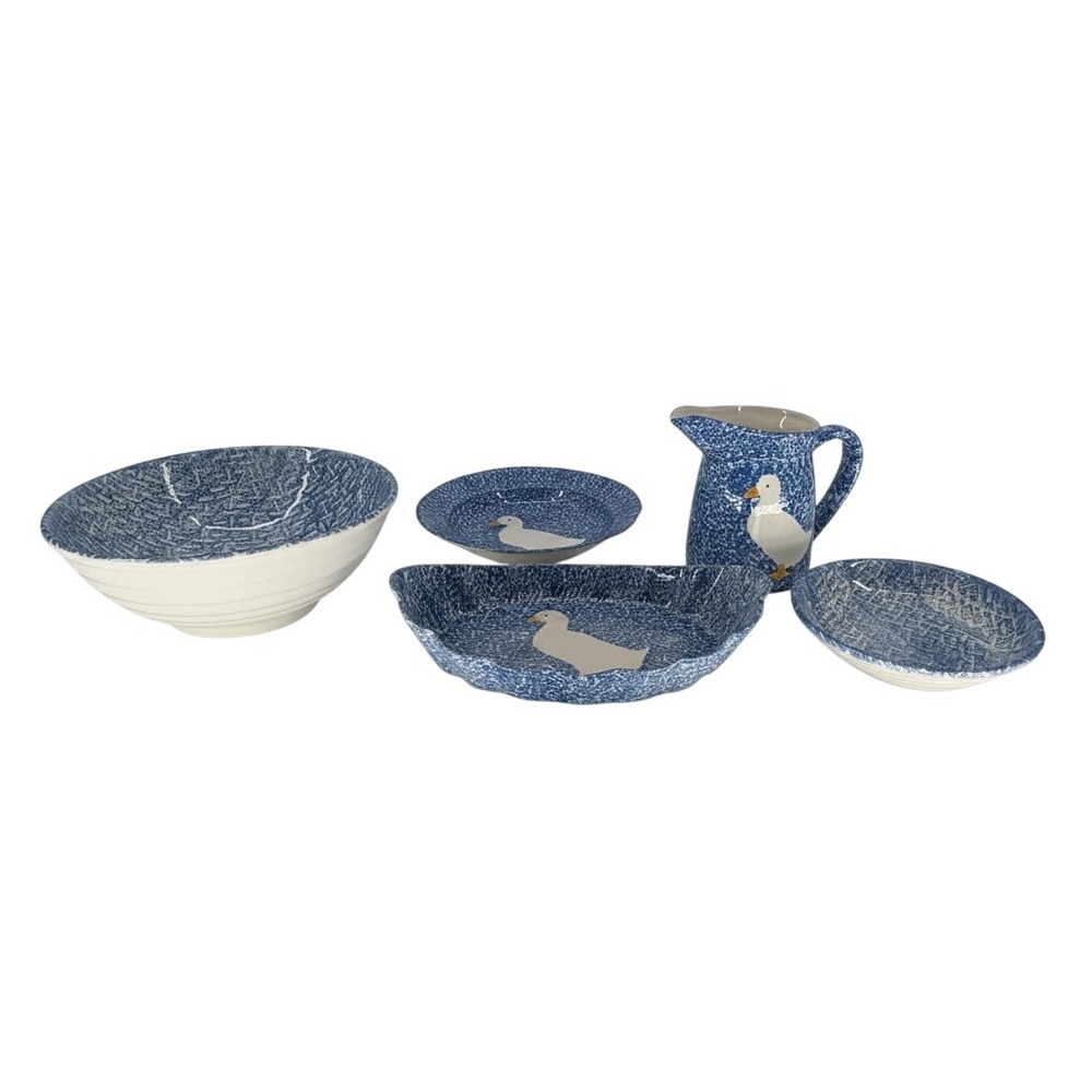 Vintage Blue Speckled Spongewear Goose Duck Pottery Set 5pc Country Farmhouse - Picture 1 of 15